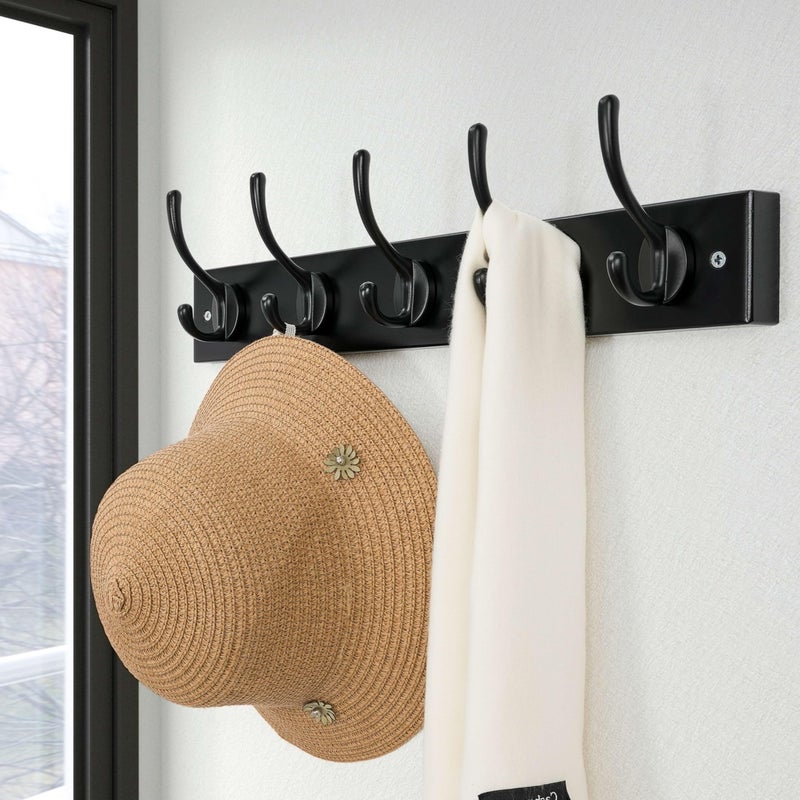 Dseap Wall Mounted Coat Rack: 16" Hole to Hole, Coat Hook Hanger with 5 Metal Hooks for Hanging Coats Towels Hats Clothes, Black - Image 4